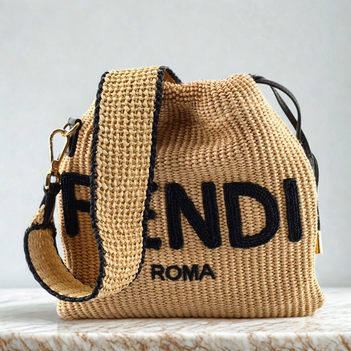 Fendi – Sack Small Braided Straw Bag in Beige