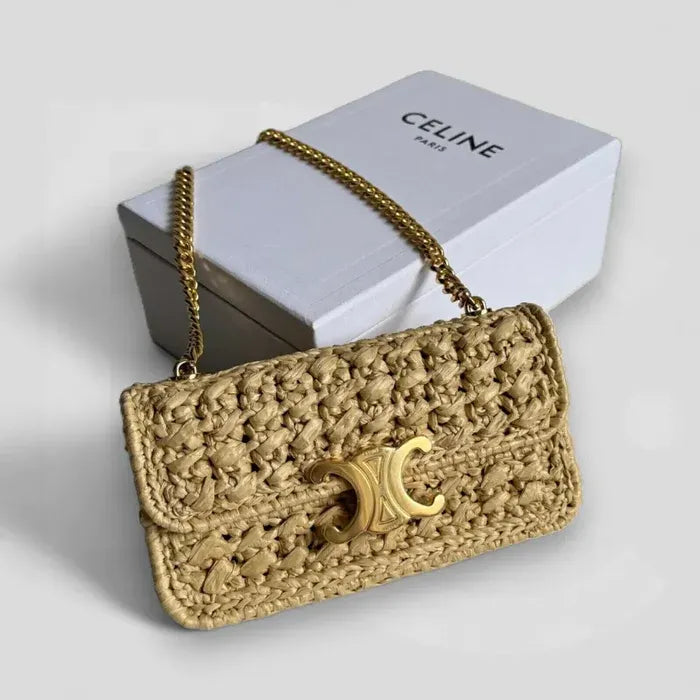 Celine Claude Shoulder Bag with Chain in Raffia with Woven Effect